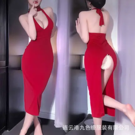 French Socialite Style Deep V Sexy Alluring Black and Red Lingerie Nightdress 