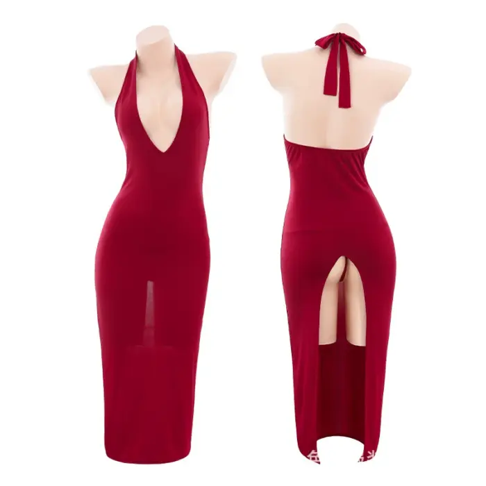 French Socialite Style Deep V Sexy Alluring Black and Red Lingerie Nightdress  - Image 3